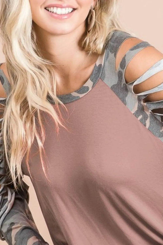 BiBi Jersey Knit Top with Camouflage Laser Cut Sleeves - Shop Style & More | Fresh Looks, Everyday Deals & Free Shipping