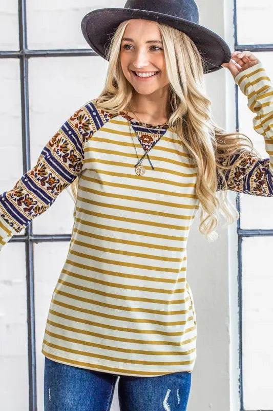 And The Why Stripe Ethnic Print Raglan Top - Shop Style & More | Fresh Looks, Everyday Deals & Free Shipping