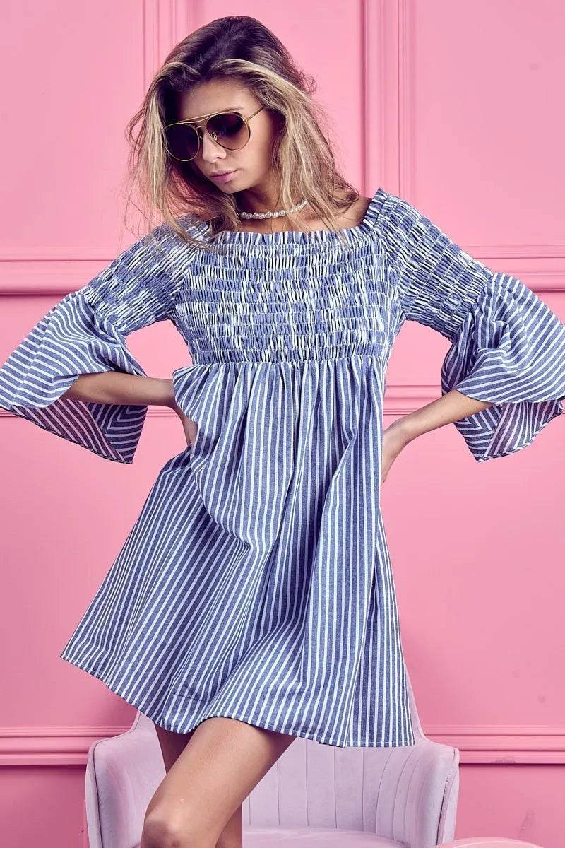 BiBi Smocked Off Shoulder Striped Dress - Shop Style & More | Fresh Looks, Everyday Deals & Free Shipping