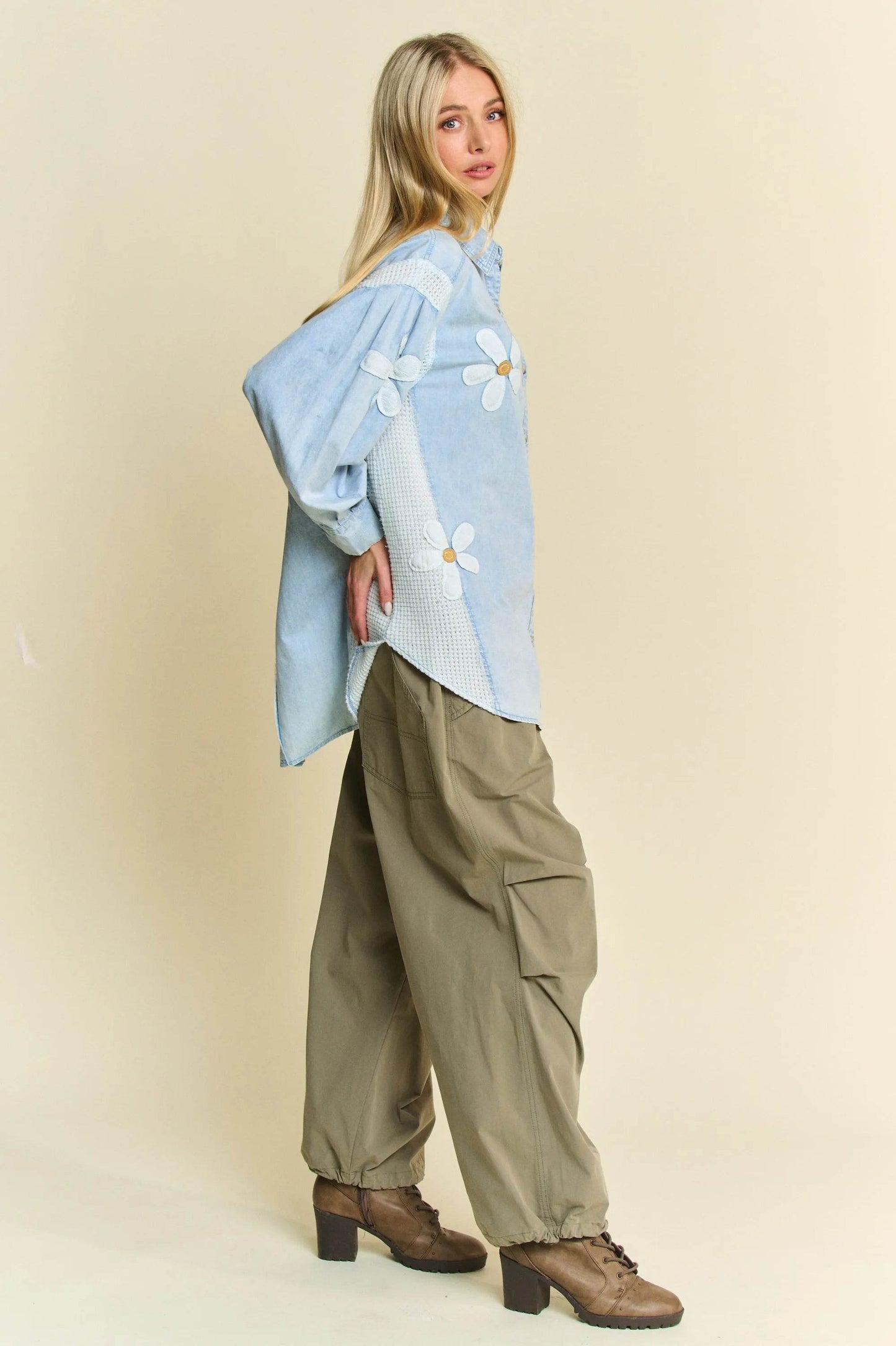 Davi & Dani Lightweight Washed Daisy Patch Waffle Knit Shirt - Shop Style & More | Fresh Looks, Everyday Deals & Free Shipping