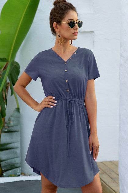 Solid V Neck Button Down Tie Waist Jersey Dress - Shop Style & More | Fresh Looks, Everyday Deals & Free Shipping