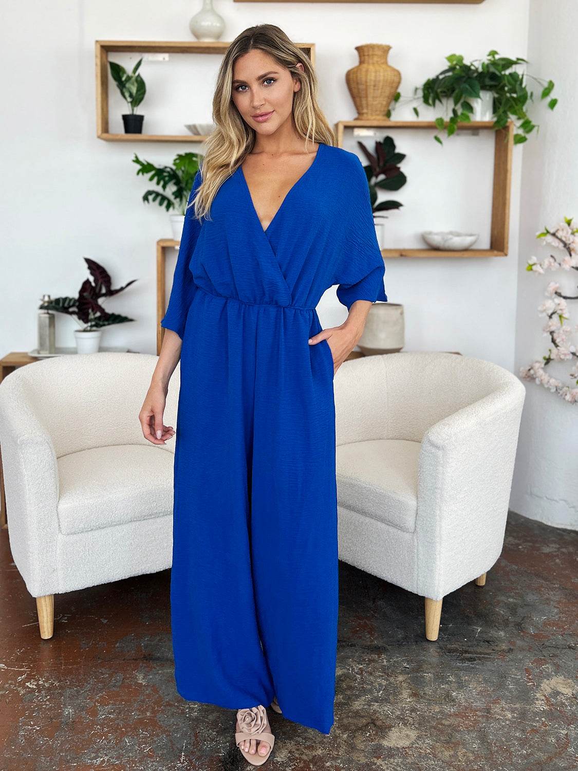 Double Take Full Size Surplice Wide Leg Jumpsuit with Pockets - Shop Style & More | Fresh Looks, Everyday Deals & Free Shipping