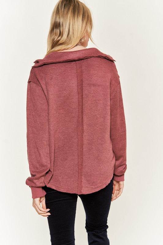 Deep V-neck Collared Long sleeve Knit Top JJT1024 - Shop Style & More | Fresh Looks, Everyday Deals & Free Shipping