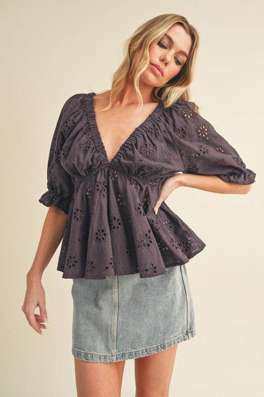Aemi + Co Eyelet Embroidered V-Neck Half Sleeve Peplum Blouse - Shop Style & More | Fresh Looks, Everyday Deals & Free Shipping