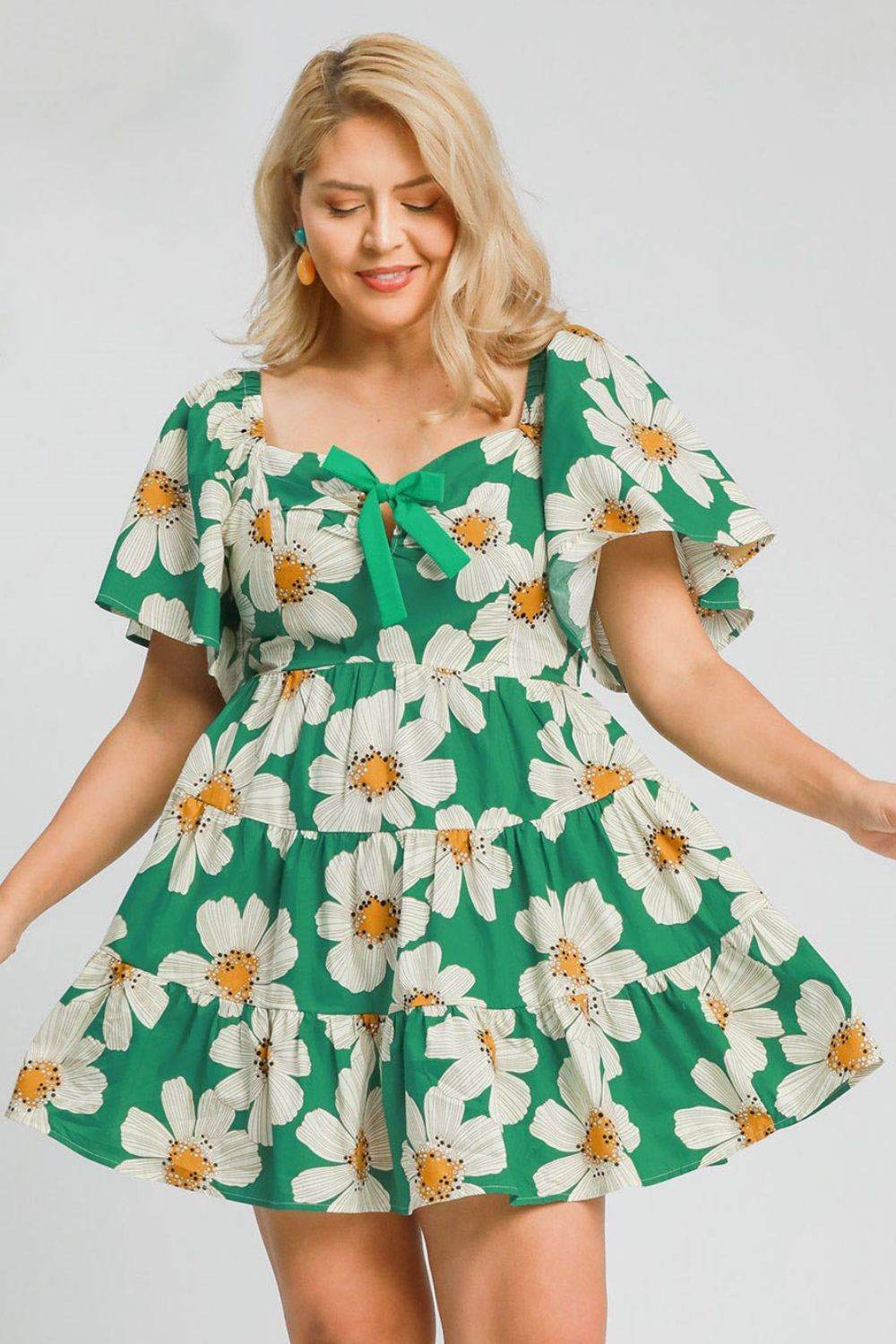 Umgee Full Size Daisy Print Mini Dress with Ribbon Details Plus Size - Shop Style & More | Fresh Looks, Everyday Deals & Free Shipping