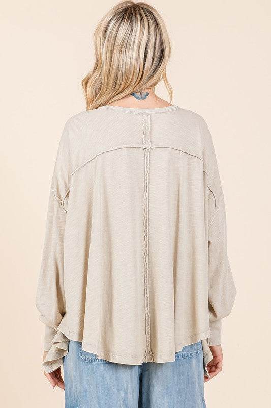 Mittoshop Mineral Wash V-Neck Long Sleeve Oversized Top - Shop Style & More | Fresh Looks, Everyday Deals & Free Shipping