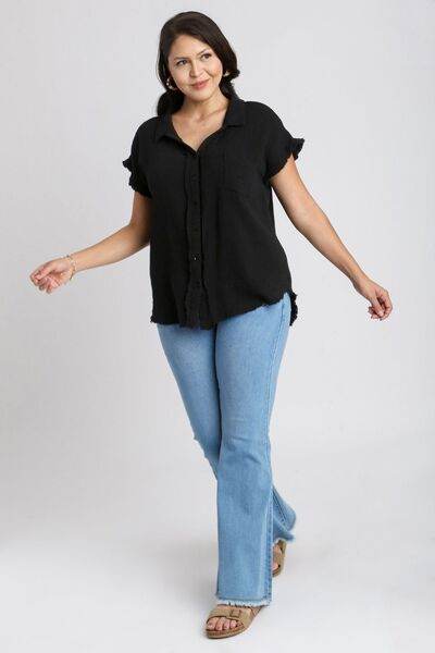 Umgee Full Size Frayed Hem Collared Neck Short Sleeve Shirt Plus Size - Shop Style & More | Fresh Looks, Everyday Deals & Free Shipping