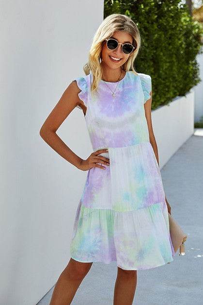 Crew Neck Tie Dye Ruffle Short Dress - Shop Style & More | Fresh Looks, Everyday Deals & Free Shipping
