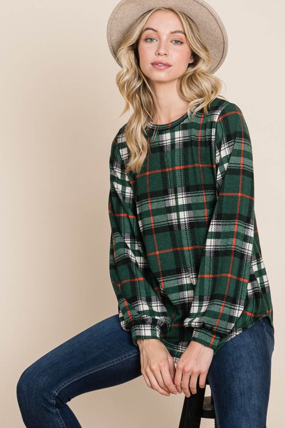 BOMBOM Curved Hem Plaid Round Neck Long Sleeve Top - Shop Style & More | Fresh Looks, Everyday Deals & Free Shipping