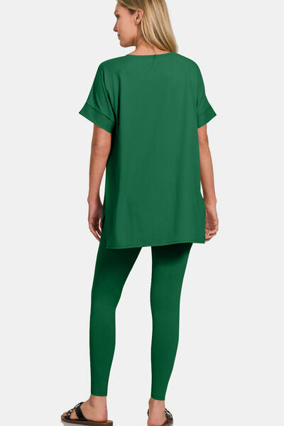 Zenana V-Neck Rolled Short Sleeve T-Shirt and Leggings Lounge Set Lounge Set