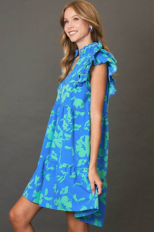 Umgee Full Size Two Tone Floral Print Ruffle Cap Sleeve Mini Dress Plus Size - Shop Style & More | Fresh Looks, Everyday Deals & Free Shipping