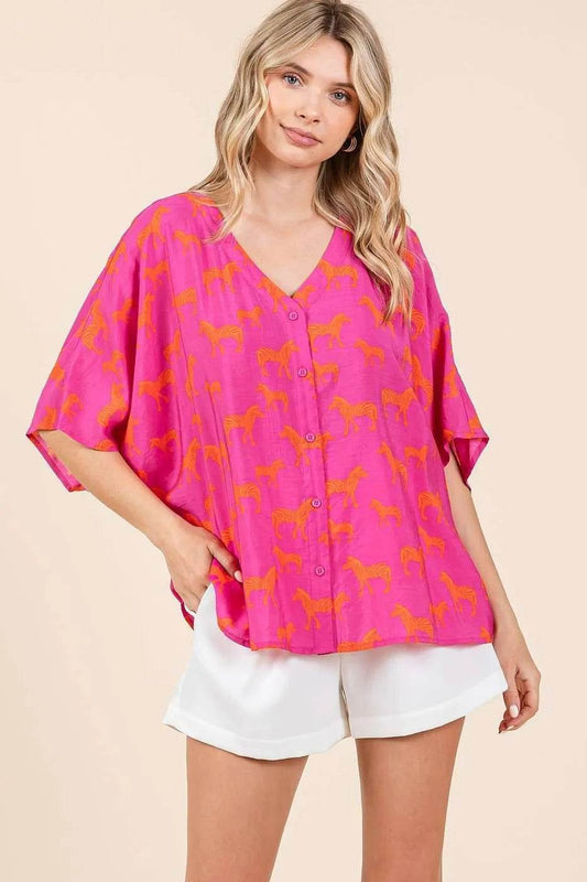 Mittoshop Zebra Print V-Neck Button Down Dolman Sleeve Top - Shop Style & More | Fresh Looks, Everyday Deals & Free Shipping