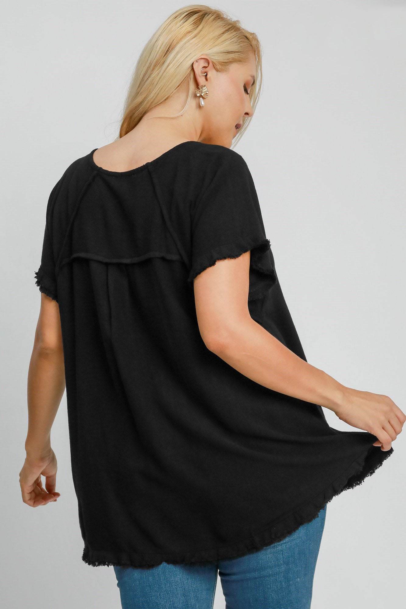 Umgee Full Size Seam Detail Linen Ruffle Fringe Edge Top Plus Size - Shop Style & More | Fresh Looks, Everyday Deals & Free Shipping