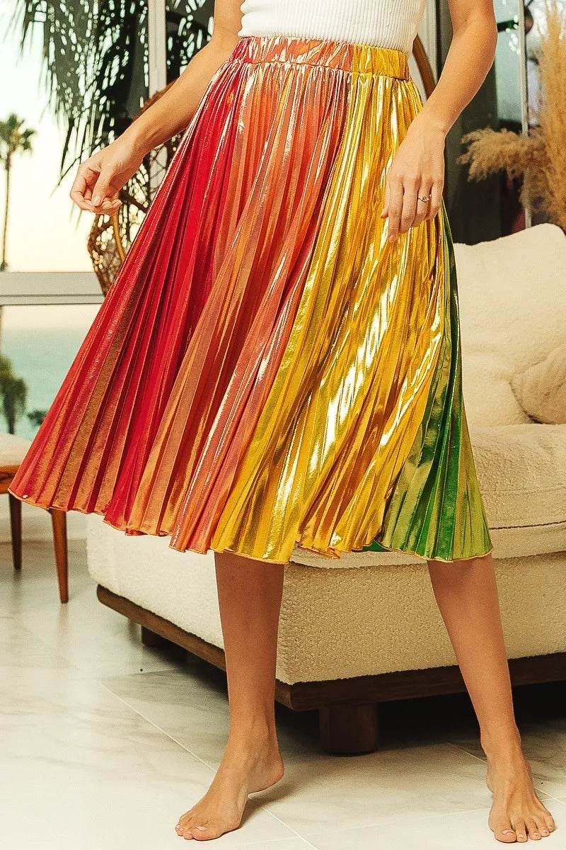 BiBi Metallic Color Block Pleats Midi Skirt - Shop Style & More | Fresh Looks, Everyday Deals & Free Shipping