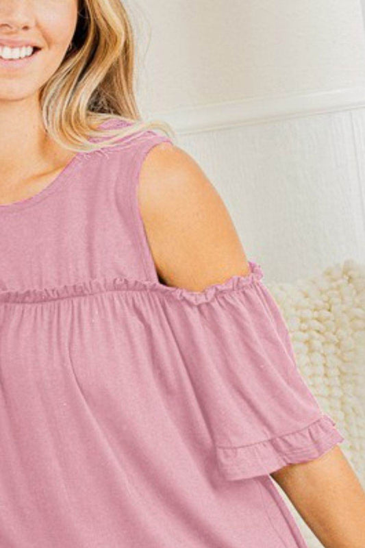 Heimish Full Size Frill Round Neck Cold Shoulder T-Shirt Plus Size - Shop Style & More | Fresh Looks, Everyday Deals & Free Shipping