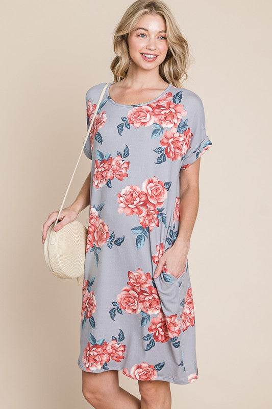 BOMBOM Floral Round Neck Short Tee Dress with Pockets - Shop Style & More | Fresh Looks, Everyday Deals & Free Shipping