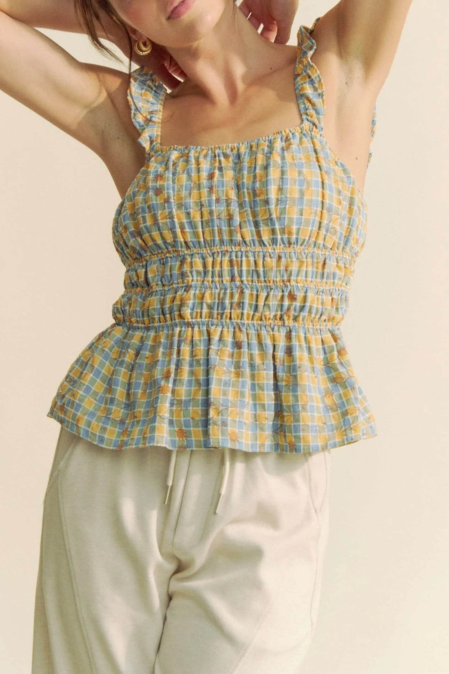 Davi & Dani Plaid Ruffled Strap Smocked Sleeveless Top - Shop Style & More | Fresh Looks, Everyday Deals & Free Shipping