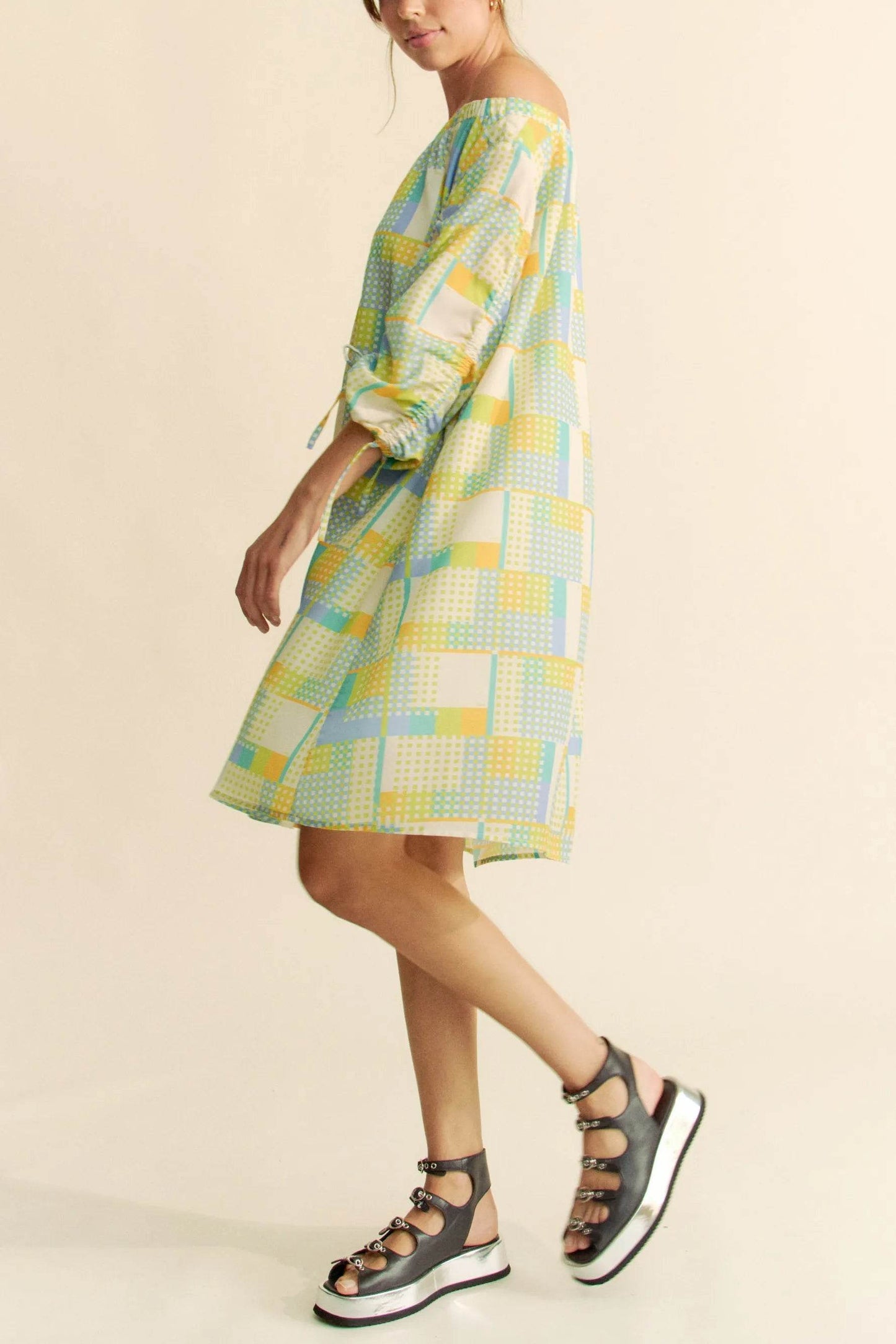 Davi & Dani Printed Off Shoulder Drawstring Sleeve Mini Dress - Shop Style & More | Fresh Looks, Everyday Deals & Free Shipping