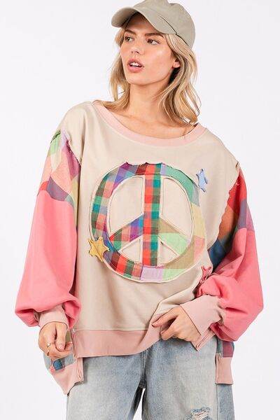 SAGE + FIG Full Size Contrast Peace Patch Dropped Shoulder Sweatshirt - Shop Style & More | Fresh Looks, Everyday Deals & Free Shipping