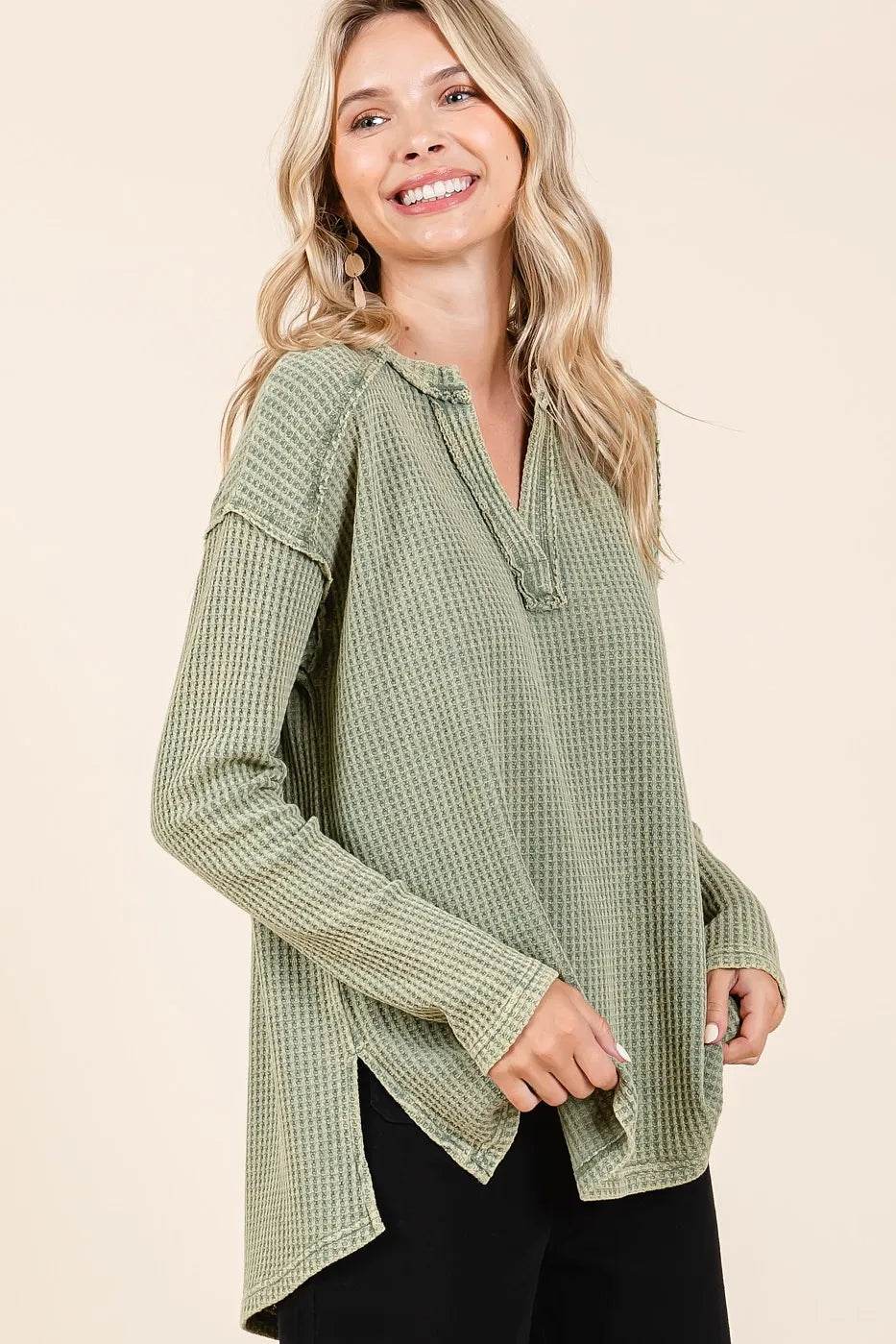 Mittoshop Mineral Wash Waffle Knit V-Neck Long Sleeve Top - Shop Style & More | Fresh Looks, Everyday Deals & Free Shipping