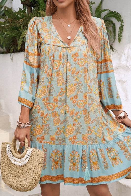 Ruched Bohe Print V Neck Ruffle Hem Tassel Dress - Shop Style & More | Fresh Looks, Everyday Deals & Free Shipping