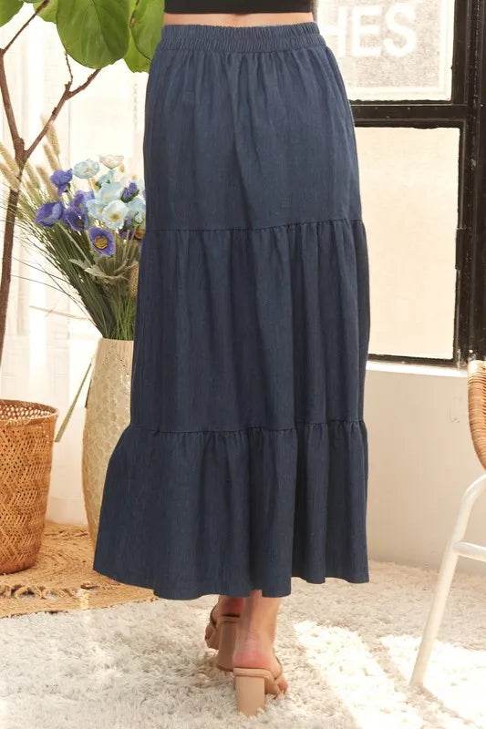 ADORA Waist Band Tiered Denim Maxi Skirt - Shop Style & More | Fresh Looks, Everyday Deals & Free Shipping