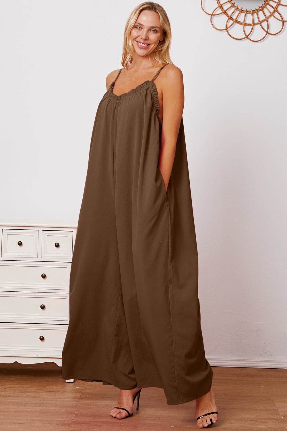 Double Take Full Size Ruffle Trim Tie Back Cami Jumpsuit with Pockets - Shop Style & More | Fresh Looks, Everyday Deals & Free Shipping