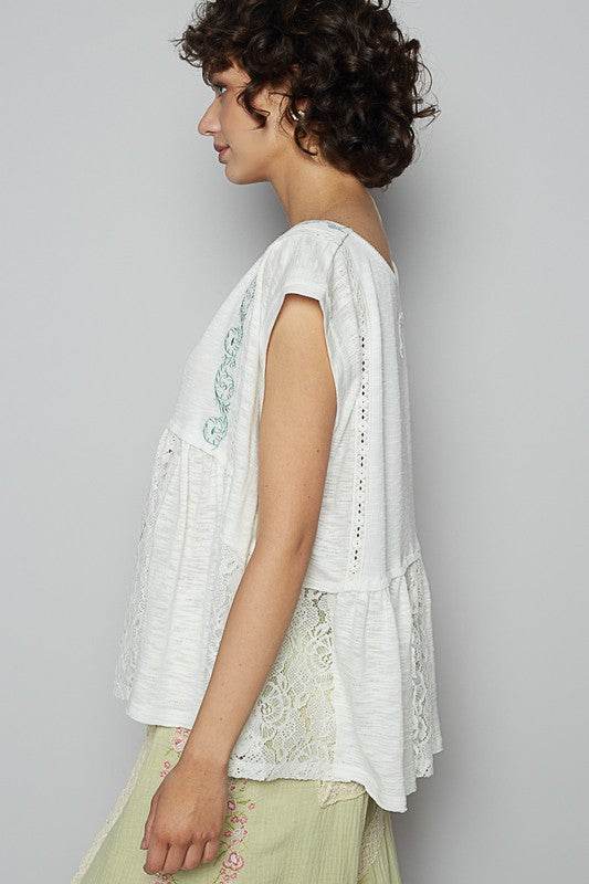 POL Embroidered Detail Boat Neck Cap Sleeve Lace Blouse - Shop Style & More | Fresh Looks, Everyday Deals & Free Shipping