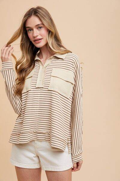 Annie Wear Striped Button Detail Long Sleeve Polo Top - Shop Style & More | Fresh Looks, Everyday Deals & Free Shipping