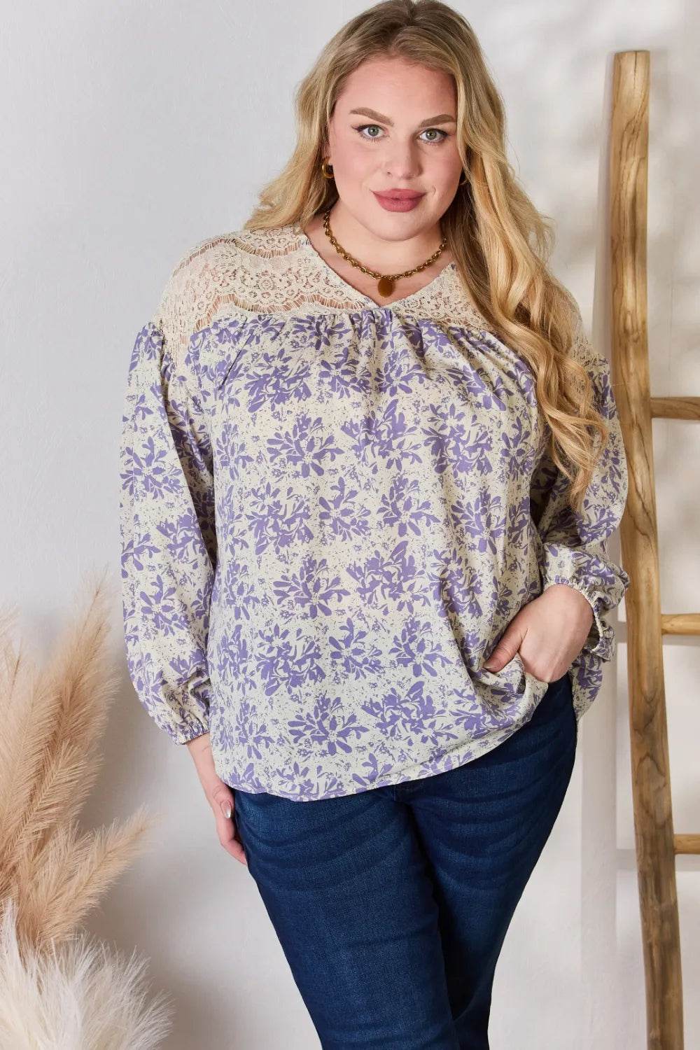 Hailey & Co Full Size Lace Detail Printed Blouse - Shop Style & More | Fresh Looks, Everyday Deals & Free Shipping