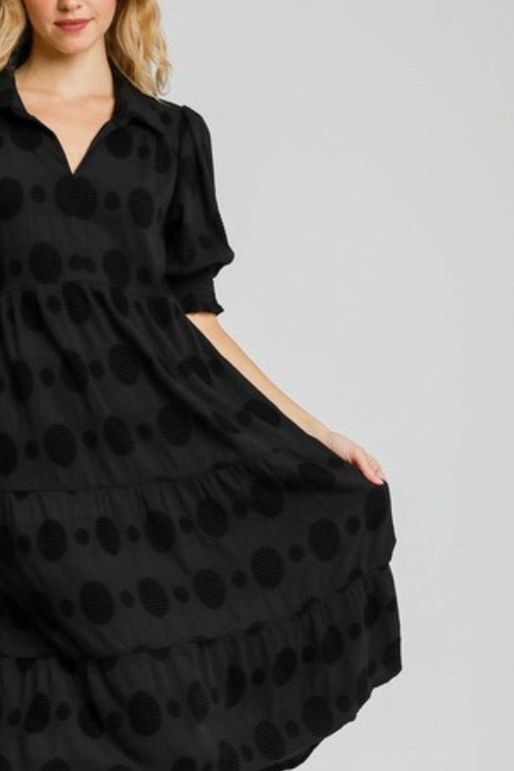 Umgee Full Size Swiss Dot Jacquard Tiered Midi Dress Plus Size - Shop Style & More | Fresh Looks, Everyday Deals & Free Shipping