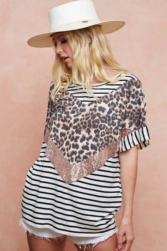 BiBi Stripe Rayon Span Knit Color Block Top With Leopard - Shop Style & More | Fresh Looks, Everyday Deals & Free Shipping