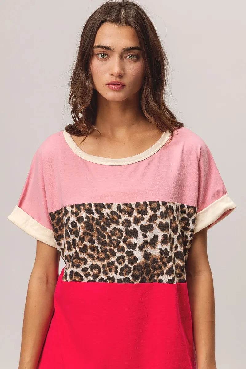 BiBi Leopard Printed Jersey Color Block Roll Up - Shop Style & More | Fresh Looks, Everyday Deals & Free Shipping