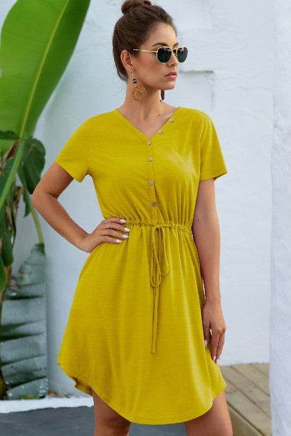 Solid V Neck Button Down Tie Waist Jersey Dress - Shop Style & More | Fresh Looks, Everyday Deals & Free Shipping