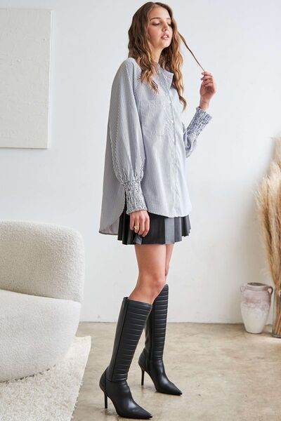 ADORA High-Low Striped Button Down Smocked Lantern Sleeve Shirt - Shop Style & More | Fresh Looks, Everyday Deals & Free Shipping