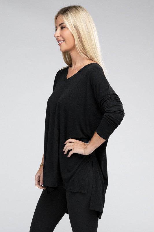 Dolman Long Sleeve V-Neck Side Slit Hi-Low Hem Top - Shop Style & More | Fresh Looks, Everyday Deals & Free Shipping