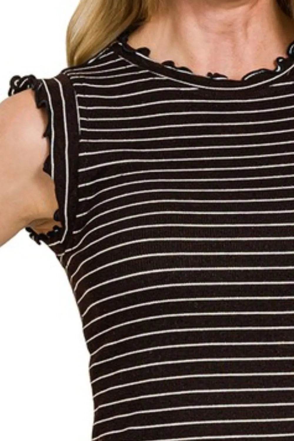 Zenana Ribbed Ruffle Trim Sleeveless Stripe Top - Shop Style & More | Fresh Looks, Everyday Deals & Free Shipping