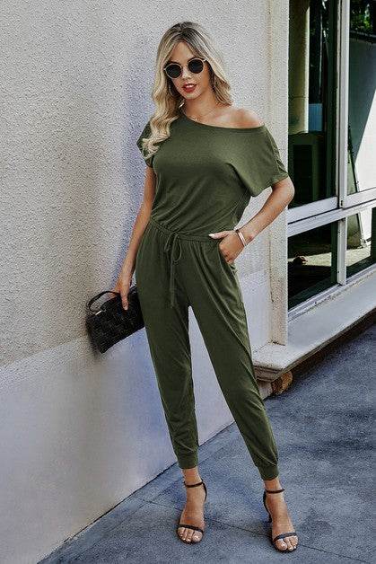 Solid Slant Shoulder Short Sleeve Jumpsuit - Shop Style & More | Fresh Looks, Everyday Deals & Free Shipping