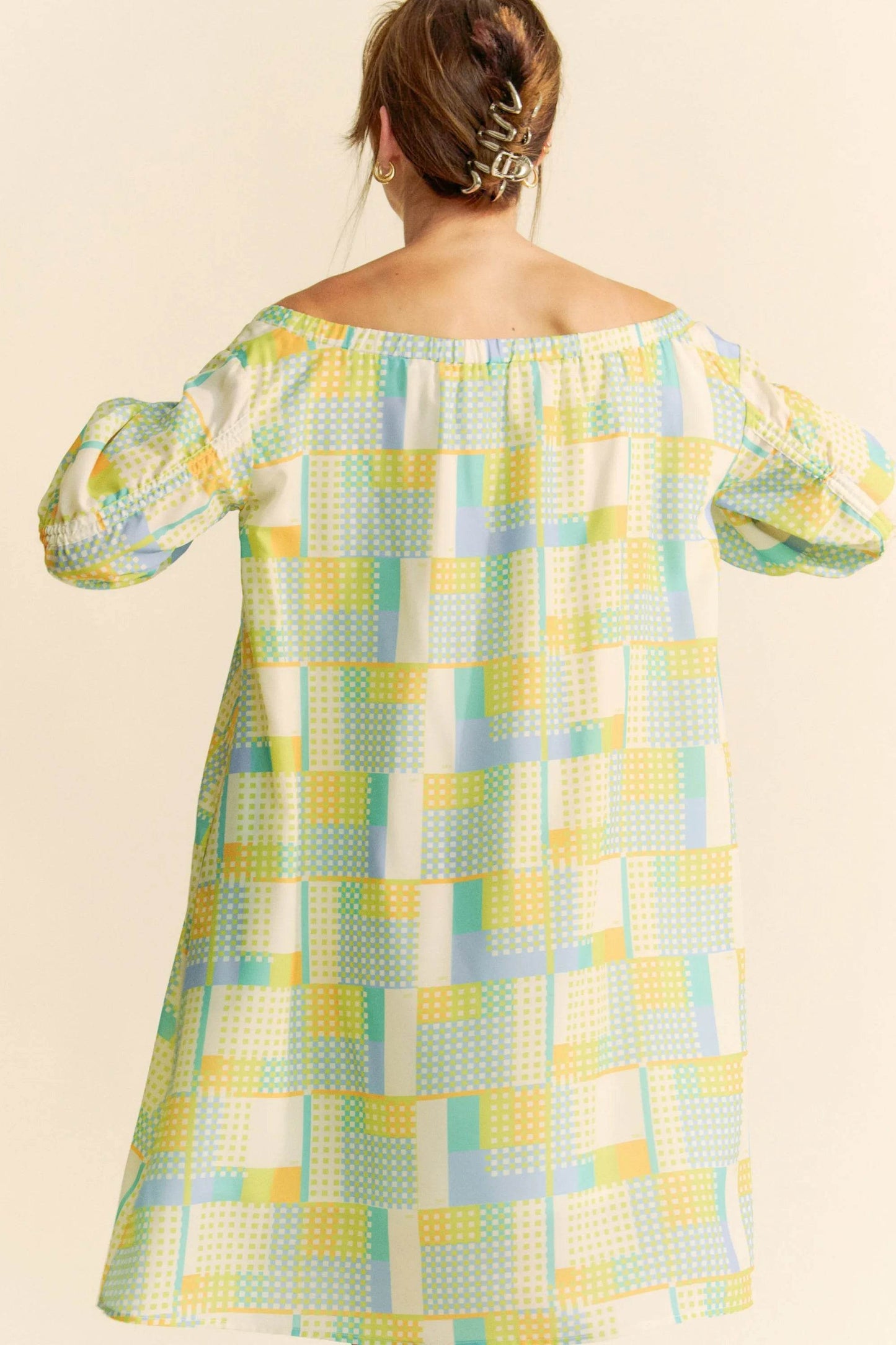 Davi & Dani Printed Off Shoulder Drawstring Sleeve Mini Dress - Shop Style & More | Fresh Looks, Everyday Deals & Free Shipping