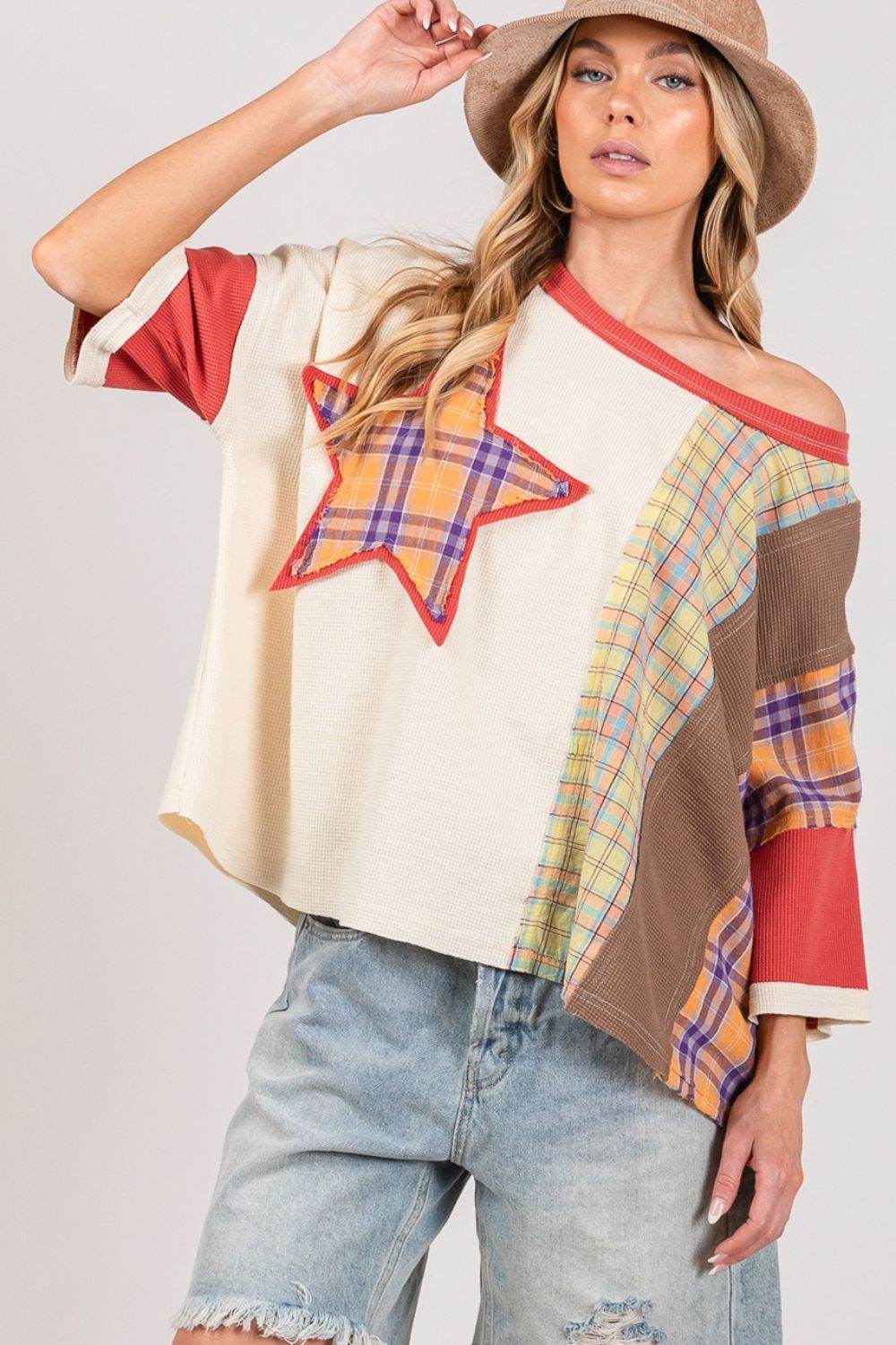 SAGE + FIG Round Neck Plaid Star Patch T-Shirt - Shop Style & More | Fresh Looks, Everyday Deals & Free Shipping