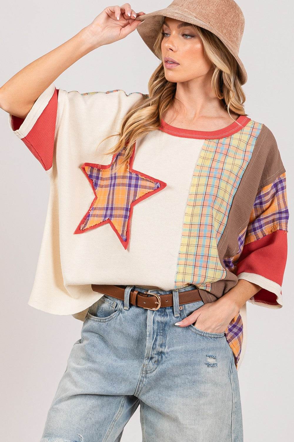 SAGE + FIG Round Neck Plaid Star Patch T-Shirt - Shop Style & More | Fresh Looks, Everyday Deals & Free Shipping