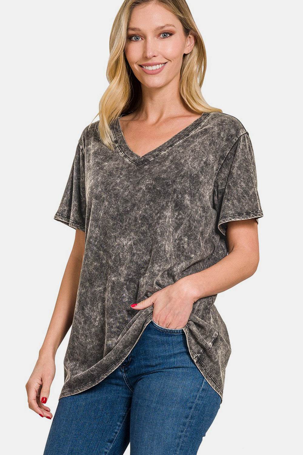 Zenana Full Size Washed Short Sleeve V-Neck T-Shirt - Shop Style & More | Fresh Looks, Everyday Deals & Free Shipping
