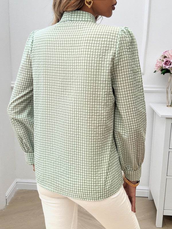 Plaid Puff Sleeves Loose Button Trim Knot Blouse - Shop Style & More | Fresh Looks, Everyday Deals & Free Shipping