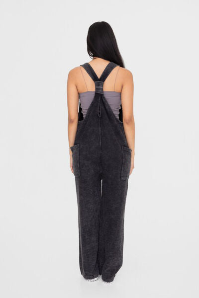 Mono B Mineral-Washed V Neck Overalls with Pockets Jumpsuits