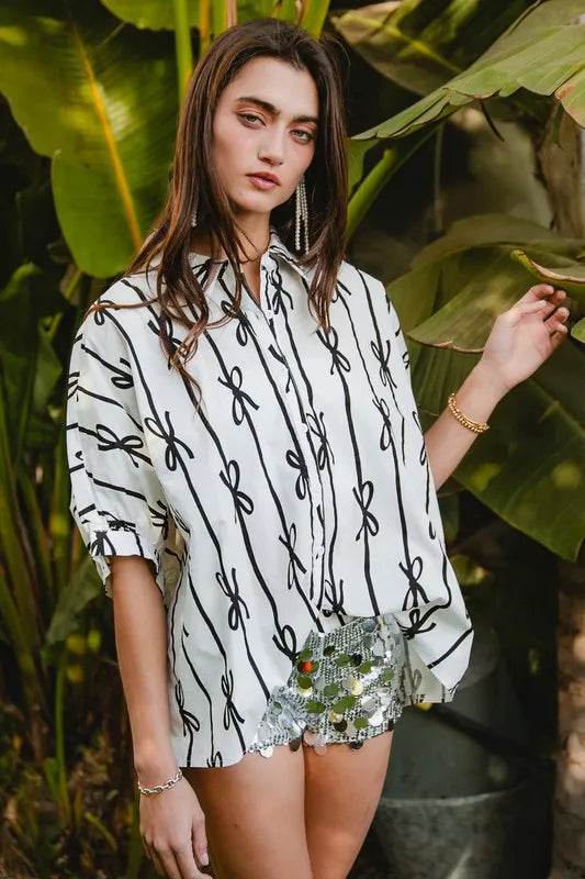 BiBi Bow Ribbon Woven Printed Button Down Shirt - Shop Style & More | Fresh Looks, Everyday Deals & Free Shipping