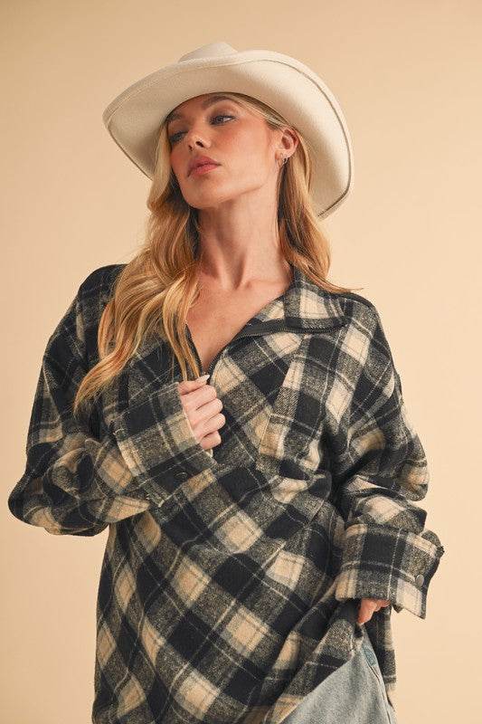 Aemi + Co Slit Plaid Half Zip Drop Shoulder Top - Shop Style & More | Fresh Looks, Everyday Deals & Free Shipping