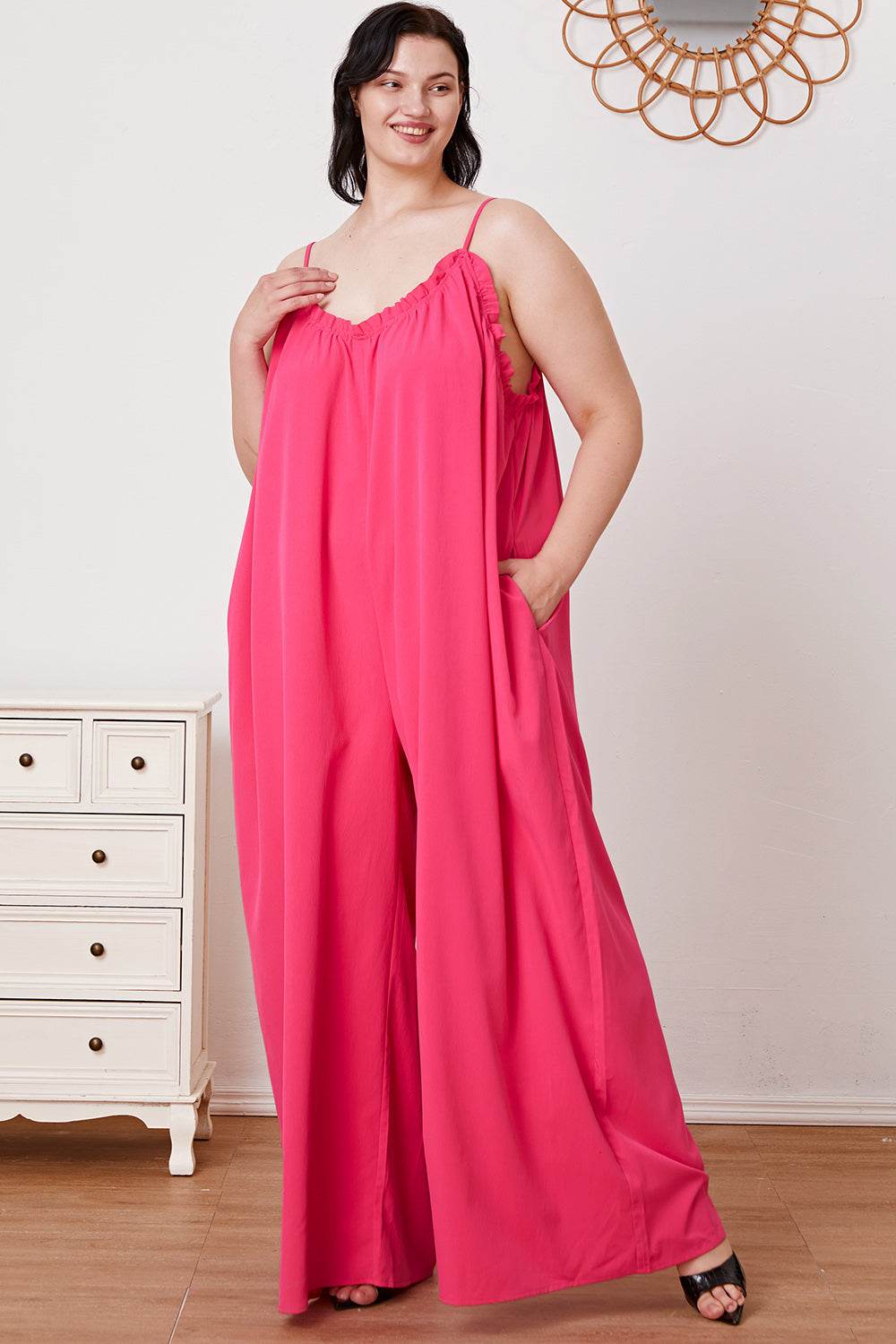 Double Take Full Size Ruffle Trim Tie Back Cami Jumpsuit with Pockets - Shop Style & More | Fresh Looks, Everyday Deals & Free Shipping