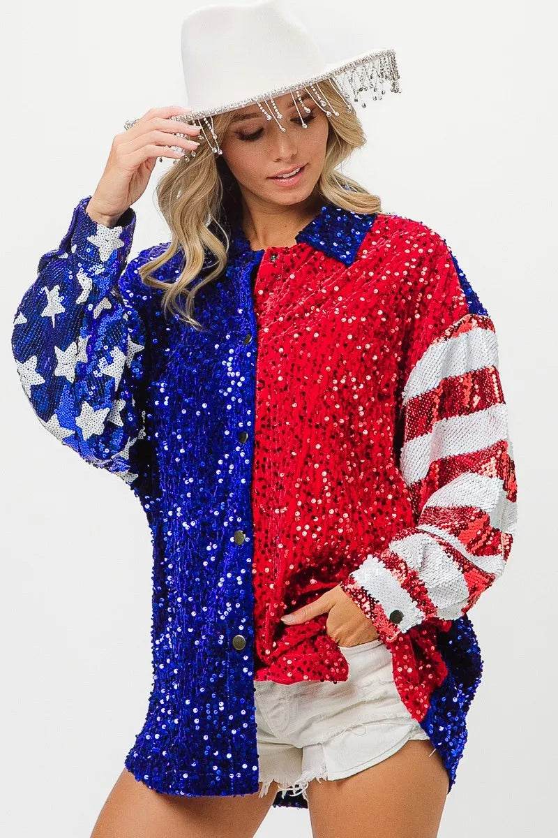 BiBi American Flag Sequin Snap Down Shirt - Shop Style & More | Fresh Looks, Everyday Deals & Free Shipping