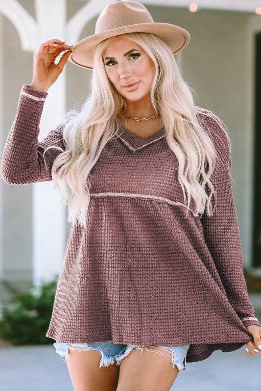 Liana Waffle Knit V Neck Long Sleeve Babydoll Top - Shop Style & More | Fresh Looks, Everyday Deals & Free Shipping
