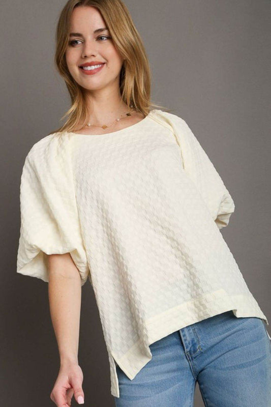 Umgee Full Size Boxy Cut Jacquard Round Neck Top with Side Slit Plus Size - Shop Style & More | Fresh Looks, Everyday Deals & Free Shipping
